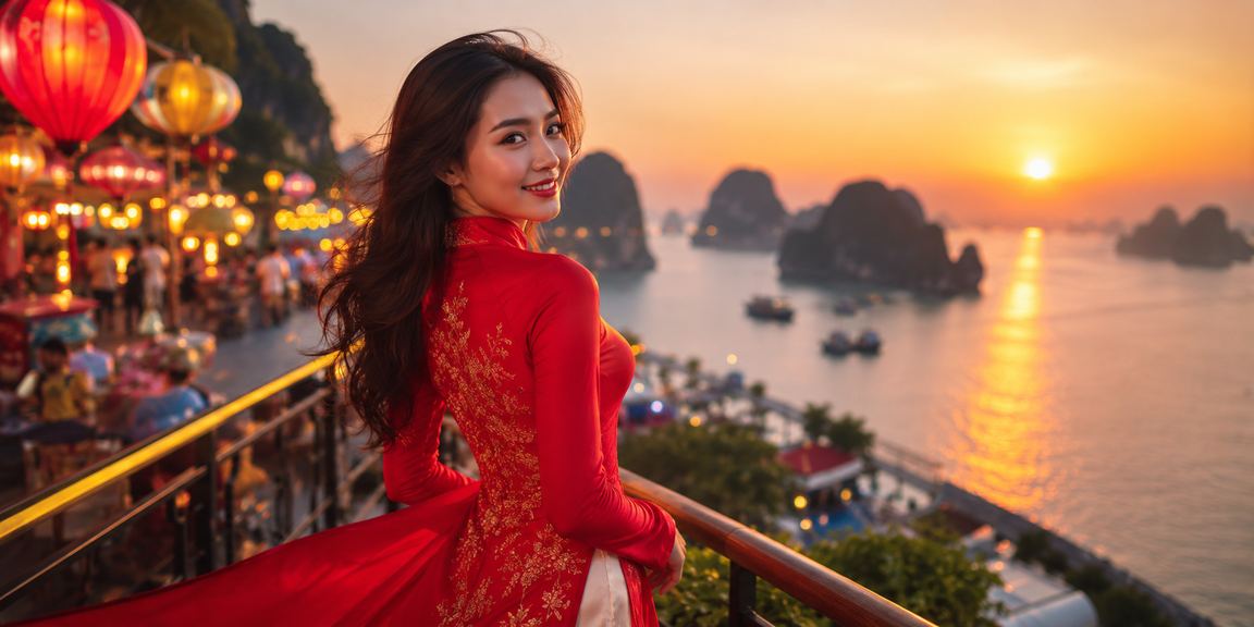 Người chơi mặc áo dài trải nghiệm ứng dụng casino trên vịnh Hạ Long
