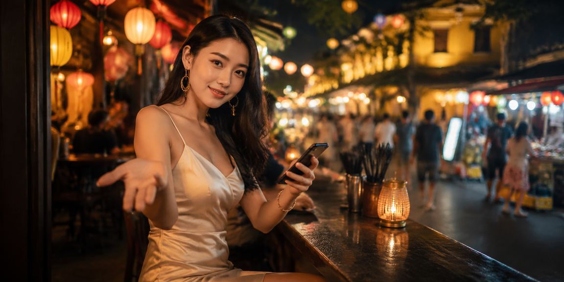 Người chơi tại phố cổ Hội An trải nghiệm casino trên điện thoại ban đêm
